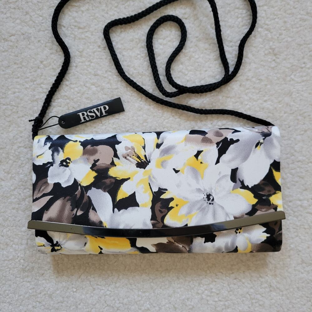 NWT RSVP Envelope Clutch Crossbody Handbag Yellow Silver White Floral